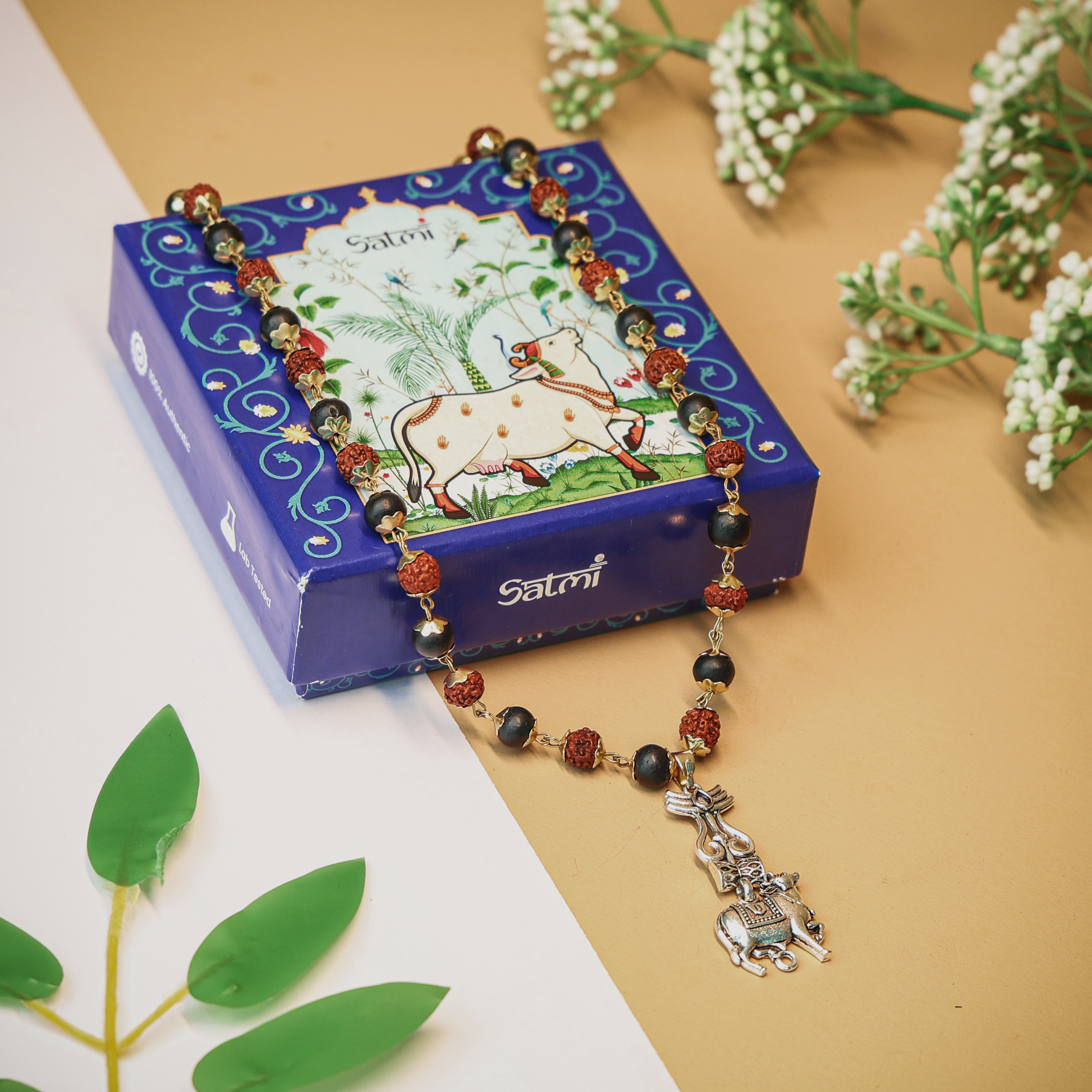 Rudraksha & Karungali Malai with Trishul Nandi Pendant | Govt. Lab Certified