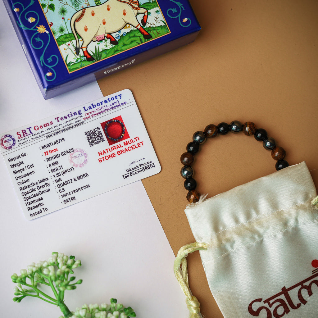 Triple Protection Band with Tiger Eye, Black Obsidian & Hematite Beads