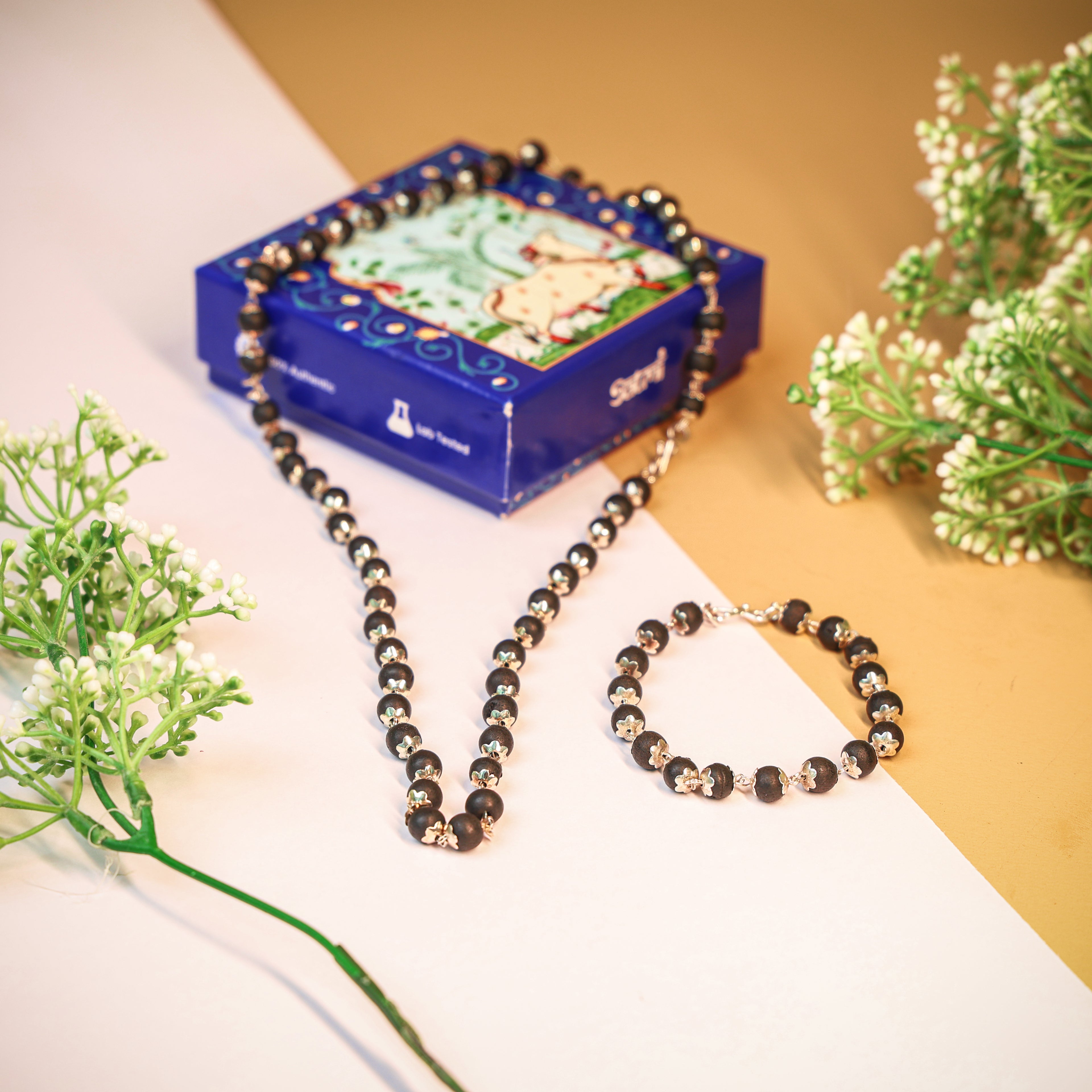 Silver Plated Karungali Mala + Karungali Bracelet Combo