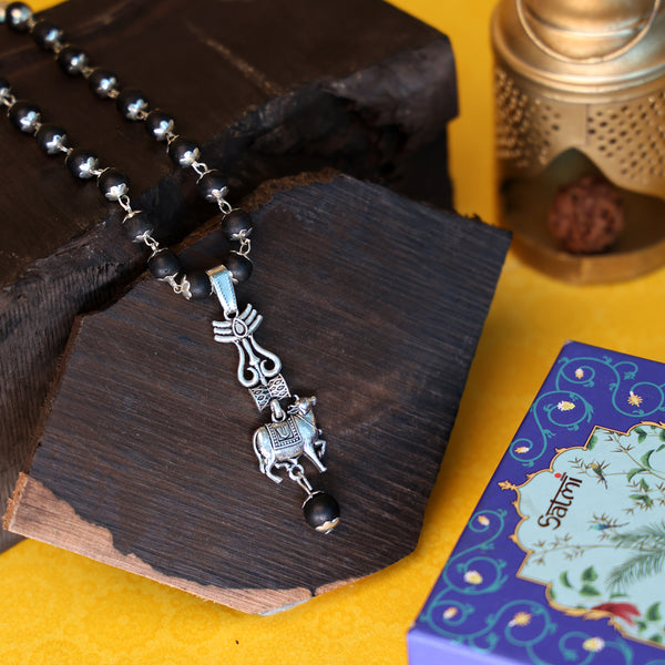 Silver Cap Karungali Mala with Trishul Nandi Pendant