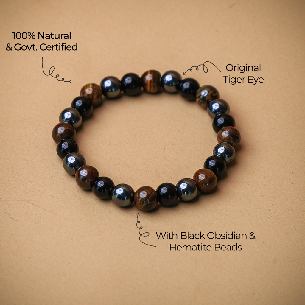 Triple Protection Band with Tiger Eye, Black Obsidian & Hematite Beads