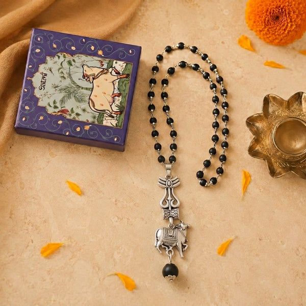 Silver Cap Karungali Mala with Trishul Nandi Pendant