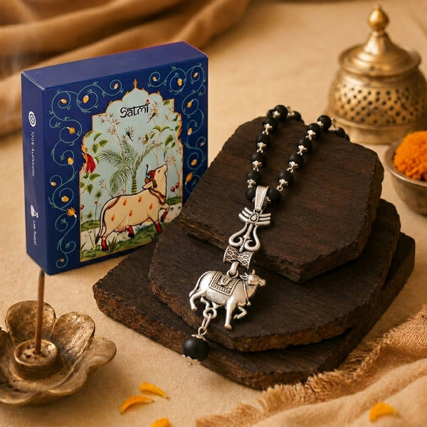 Silver Cap Karungali Mala with Trishul Nandi Pendant