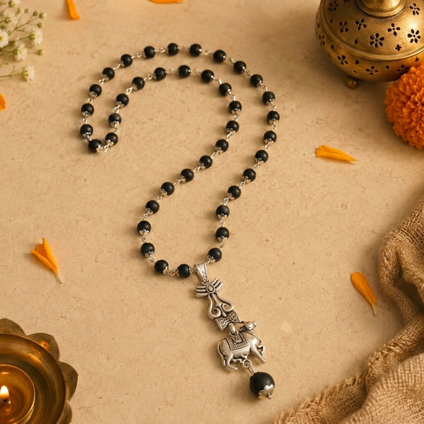Silver Cap Karungali Mala with Trishul Nandi Pendant