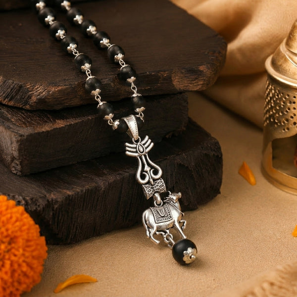 Silver Cap Karungali Mala with Trishul Nandi Pendant