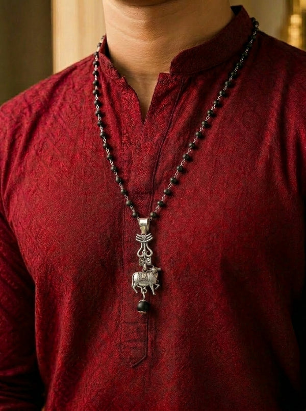 Silver Cap Karungali Mala with Trishul Nandi Pendant