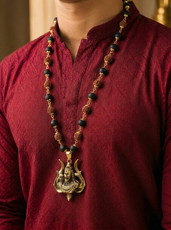 Om Shiv Trishul Karungali Malai with Rudraksha