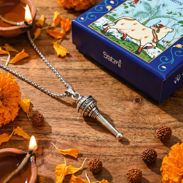 Silver Plated Sankat Haran Hanuman Gada Pendant | Buy 1 Get 1 Free Gift | Free 5 Mukhi Rudraksha with Every Order