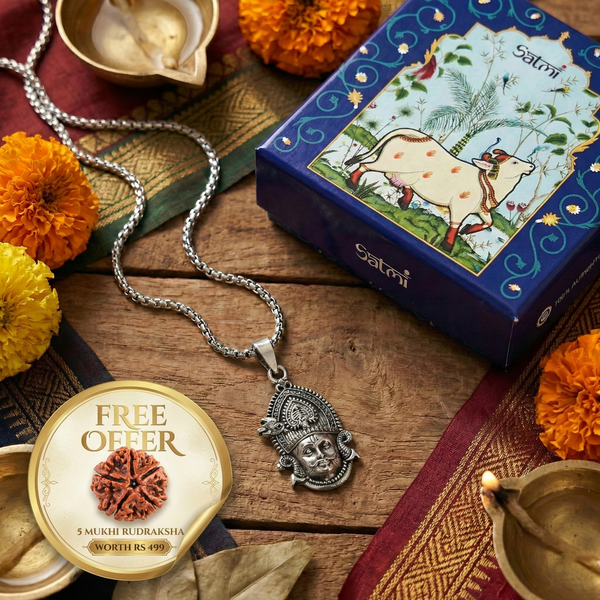 Silver Plated Mor Mukut Khatu Shyam ji Pendant | Buy 1 Get 1 Free Gift | Free 5 Mukhi Rudraksha with Every Order